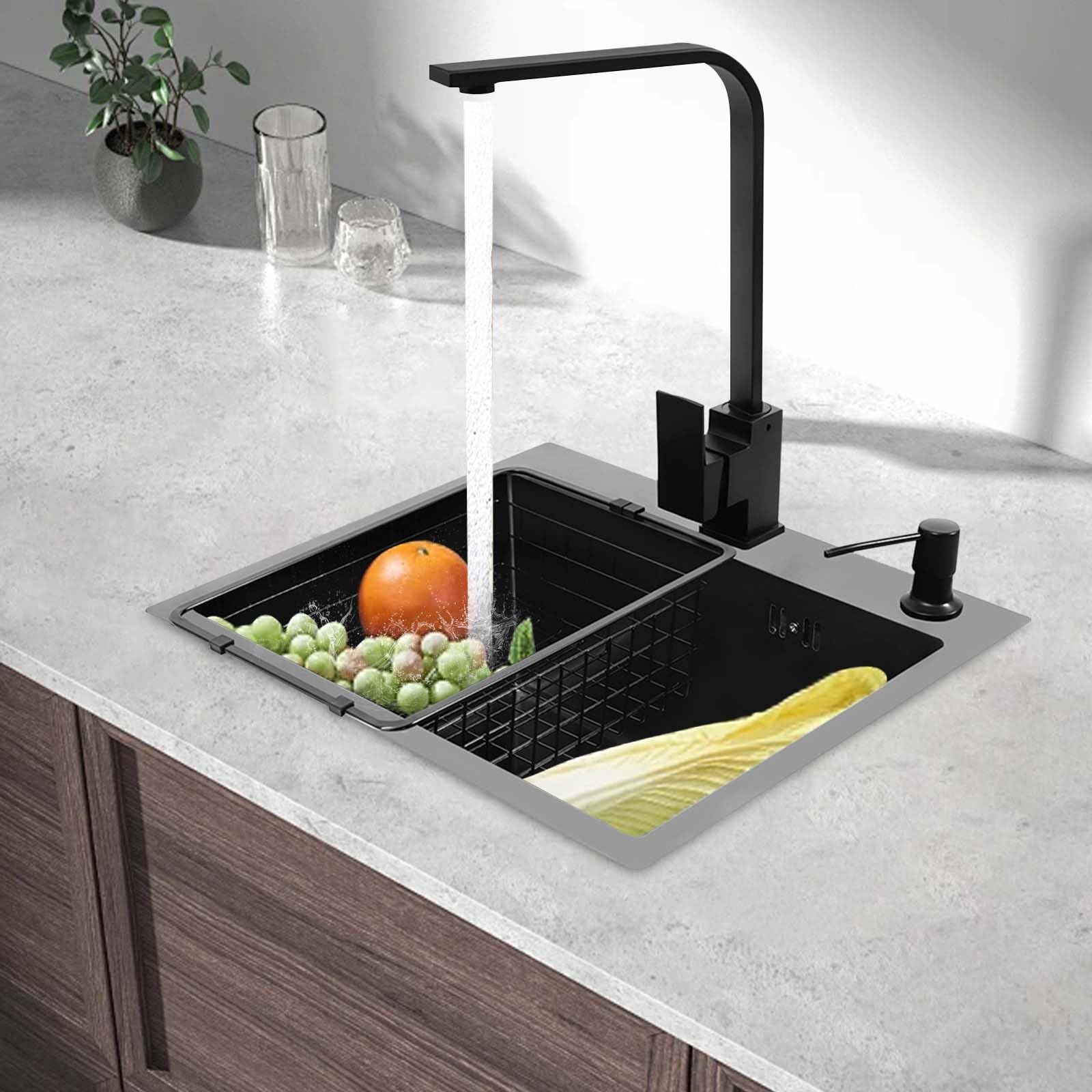 Fregadero de cocina de 45 x 40 cm Fregadero de cocina Inox con grifo extraíble 360 y escurridor integrado Fregadero empotrado Rayas con cesta de drenaje para cocina moderna y estudio