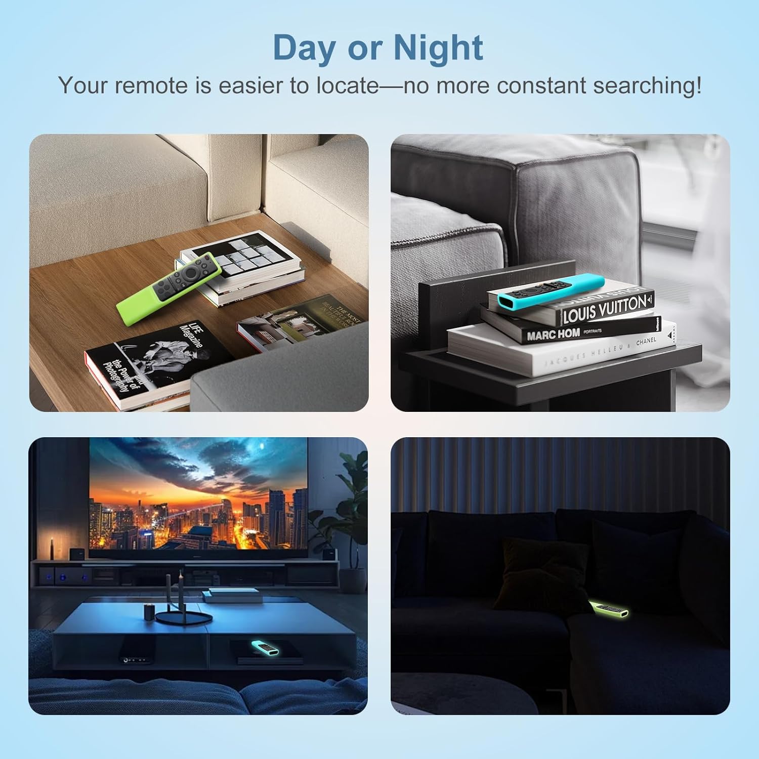 Image showing the glow-in-the-dark feature of the remote cover in various settings, making it easy to find day or night.