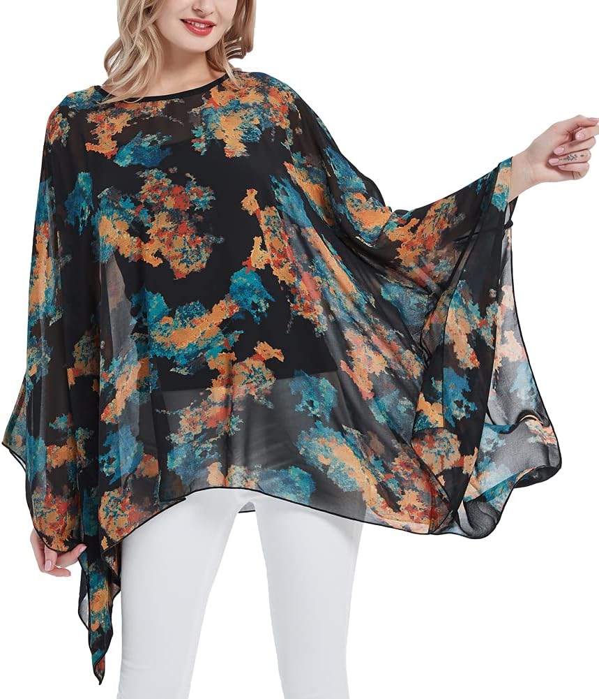 Wiiiwish Women's Loose Solid Long Batwing Sheer Chiffon Caftan Wrap Poncho Tunic Top Topper