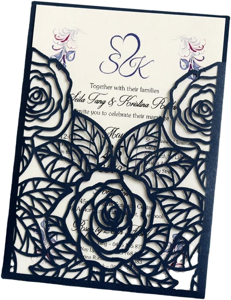 ECOOFEE Laser Cut Rose Invitations 50 Pack Laser Cut Invitation Card Kit with Blank