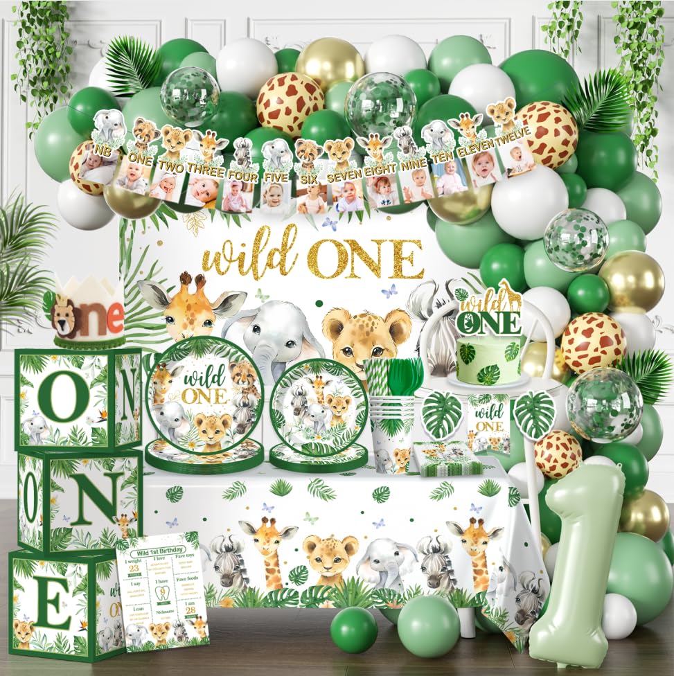 Cocomigo 248pcs Wild One Birthday Decorations for Boy, Complete Wild One Themed Set Includes Sturdy 300gsm Paper Plates 2 tablecloths and 104 balloons
