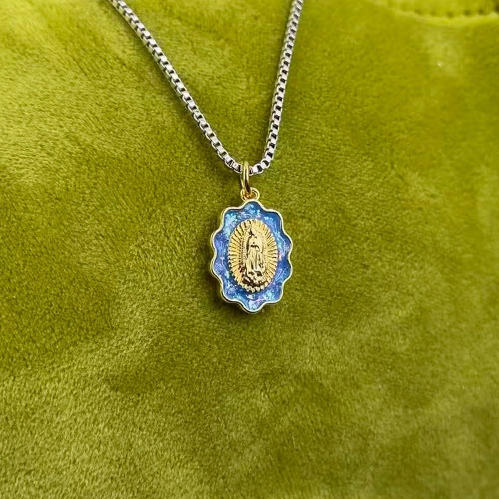 Collier Vierge Marie En Opale Bleue,Collier De Salut Médaillon De Pierre De Naissance