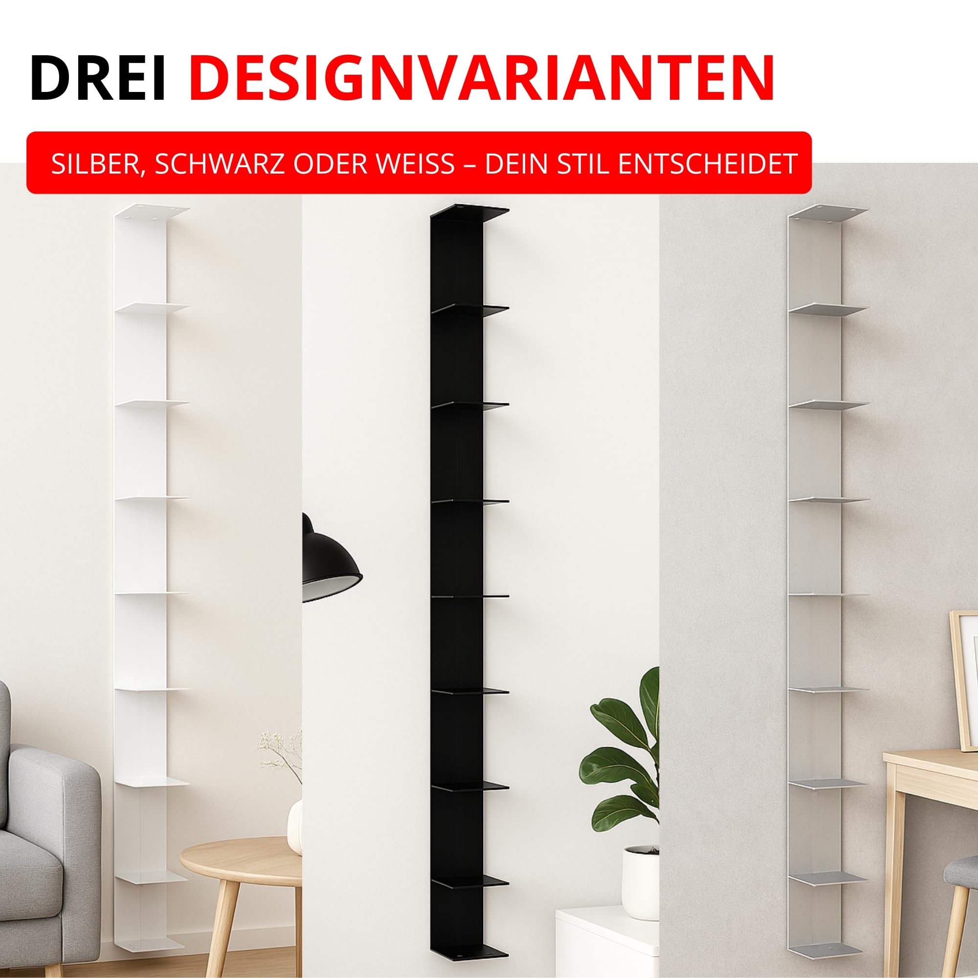Radius Booksbaum 2 Wand groß Weiß – Bücherregal aus pulverbeschichtetem Stahl, 15 x 170 x 15,5 cm für ca. 130 Bücher, Tragkraft 6,5 kg je Boden, Elegantes Wandregal (725B)