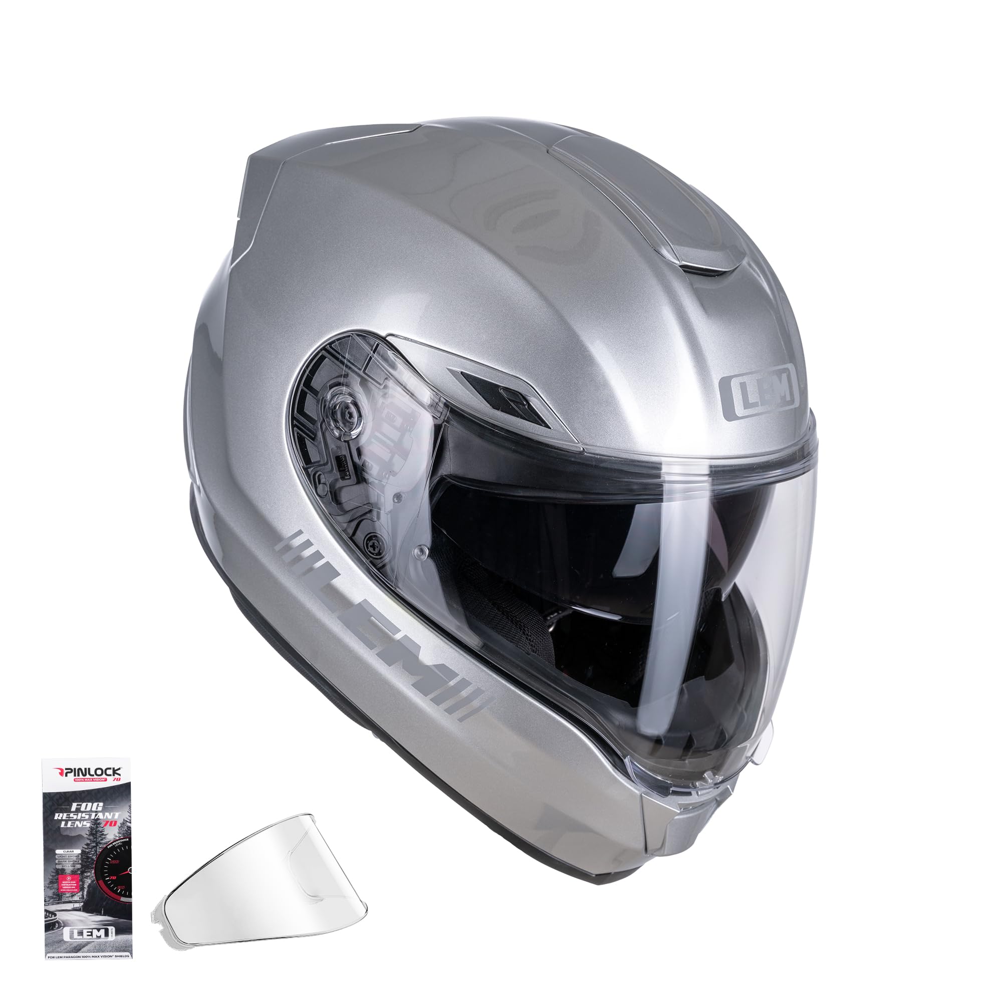 Photo 1 of LEM Motorcycle Helmets Full Face, Helmets for Men DOT Certified, PINLOCK & DVS Dual Vision, Motorcycle Street Bike Helmet for Adults Fiberglass Shell Bluetooth Ready for Cruiser(Silver, Size L)