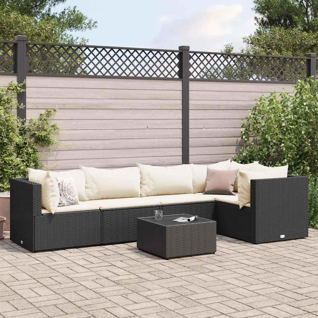 6-Piece Patio Lounge Set with Black PE Rattan, Powder-Coated Steel Frame and Tempered Glass Table, Modular Outdoor Seating with Removable Cream Cushions for Garden, Balcony,