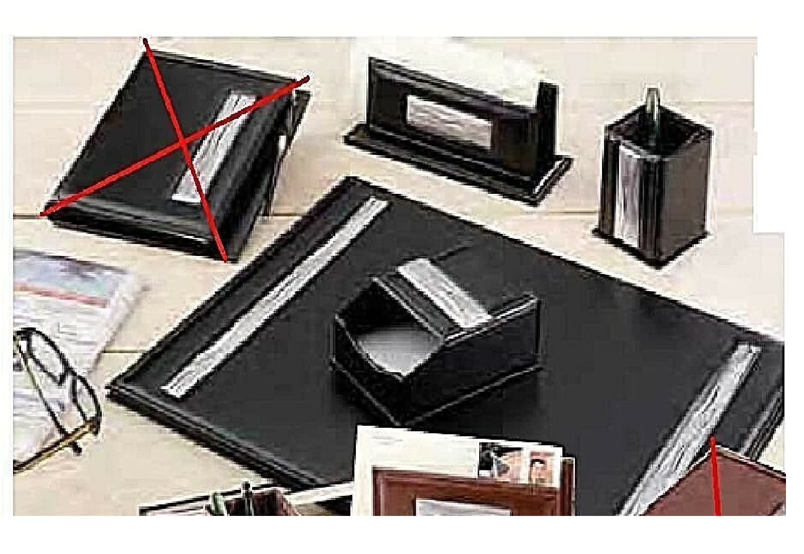 SET UFFICIO e SCRIVANIA 5 PEZZI (RUBRICA con PENNA ESCLUSA) in ECO PELLE NERA e nr.5 LASTRE IN ARGENTO 925%1240/N