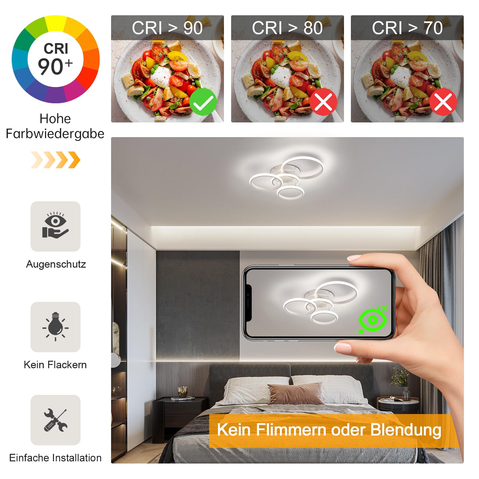 Qamra LED Deckenleuchte, 60 W Weiße Deckenlampe, 4000 K Deckenleuchte, 53 cm Runde Moderne 4-Ring-Deckenleuchte Für Wohnzimmer, Schlafzimmer Und Küche