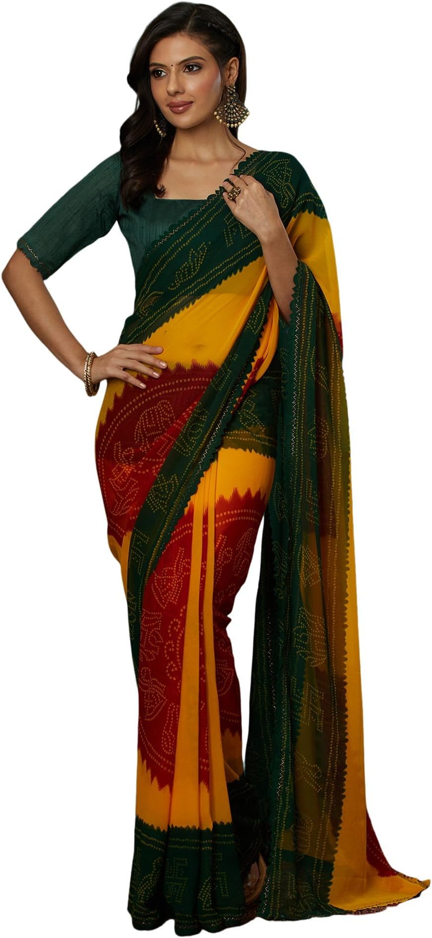 SIRILWomen's Georgette Bandhani Printed Saree With Unstitched Blouse Piece
