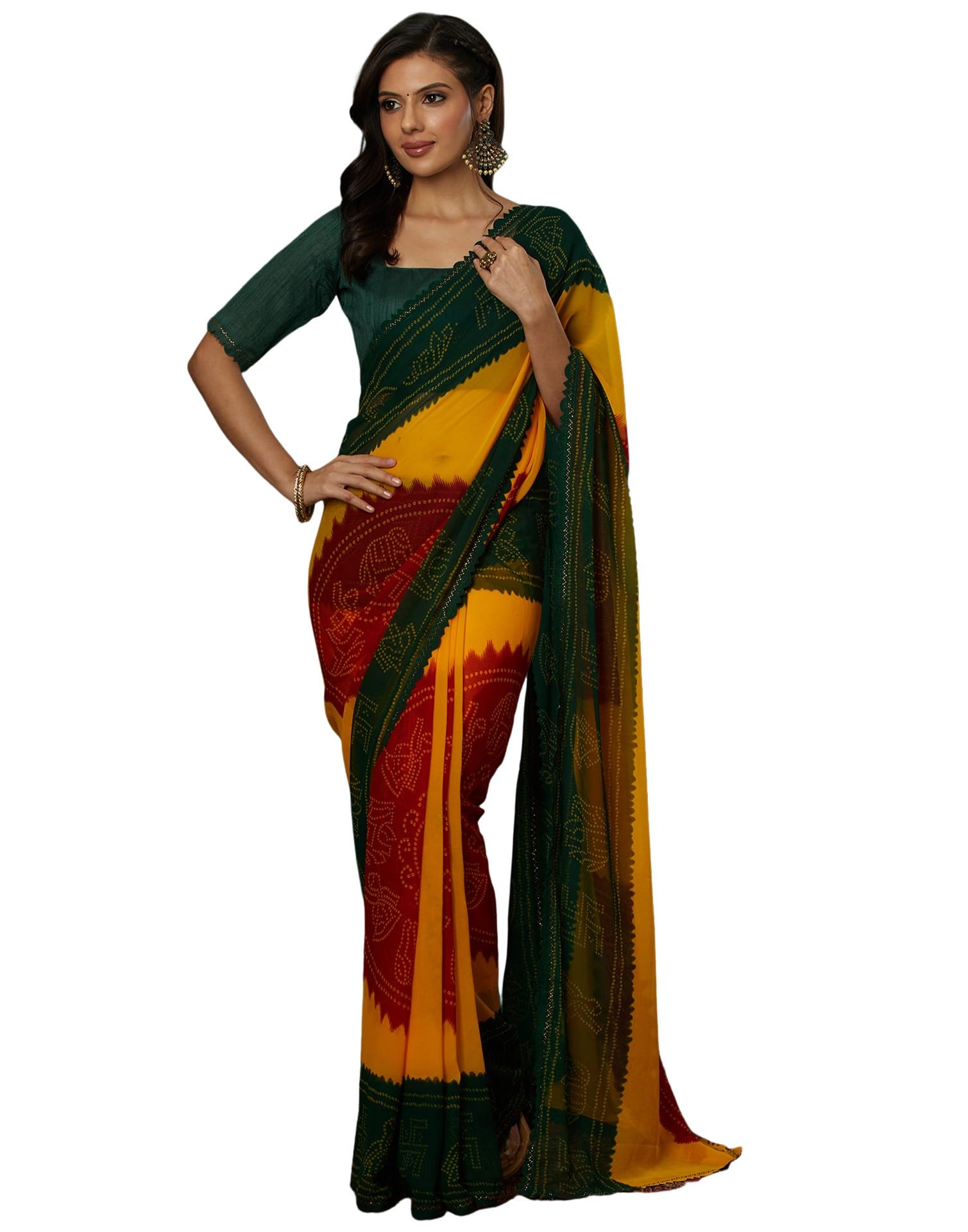 SIRILWomen's Georgette Bandhani Printed Saree With Unstitched Blouse Piece