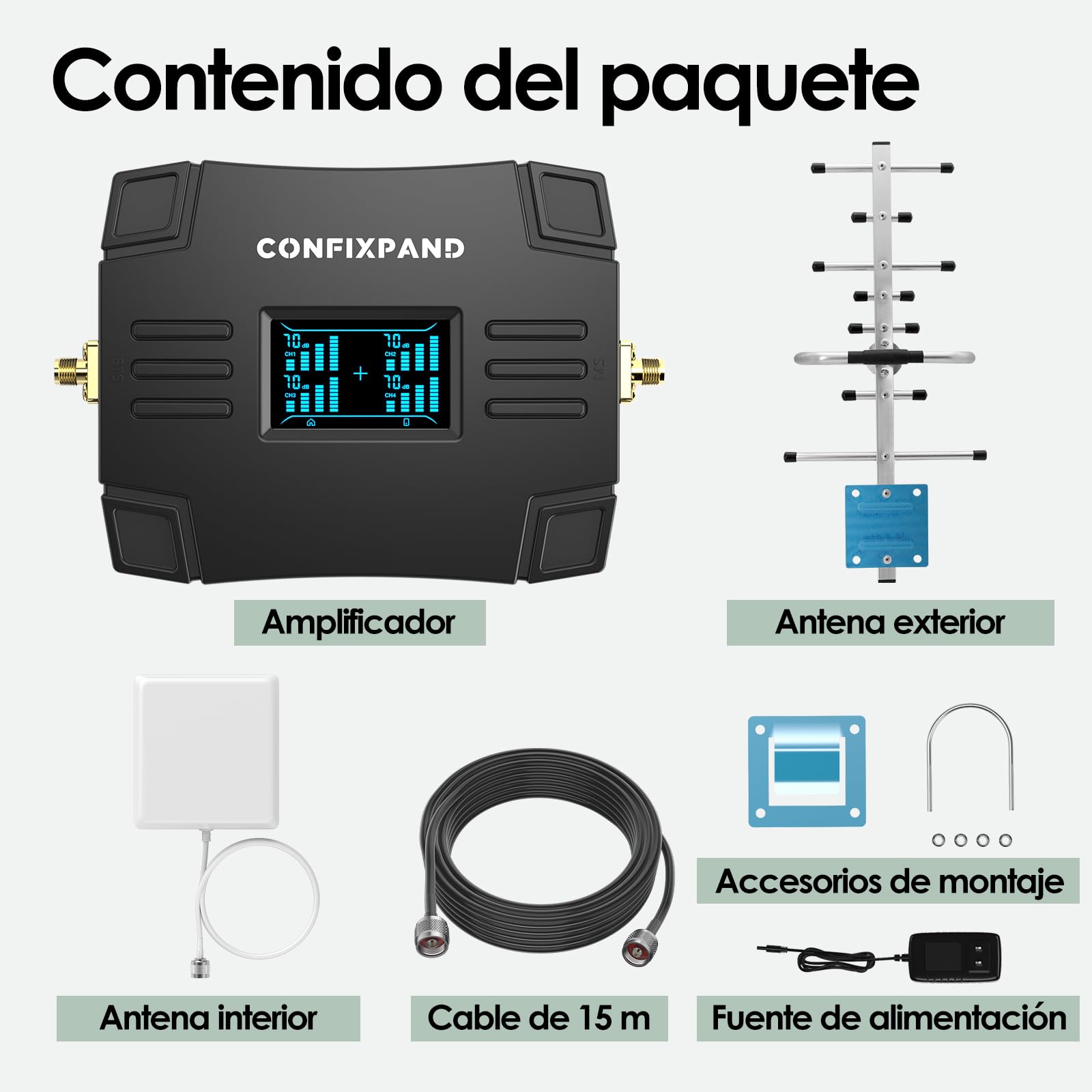 Amplificador Señal Móvil 4G LTE 4 Bandas B20/8/3/1 - Cobertura 250m² para Casa, Oficina y Zonas Rurales - Kit con Antena Yagi y Cable 15m - Compatible con Movistar/Orange/Vodafone