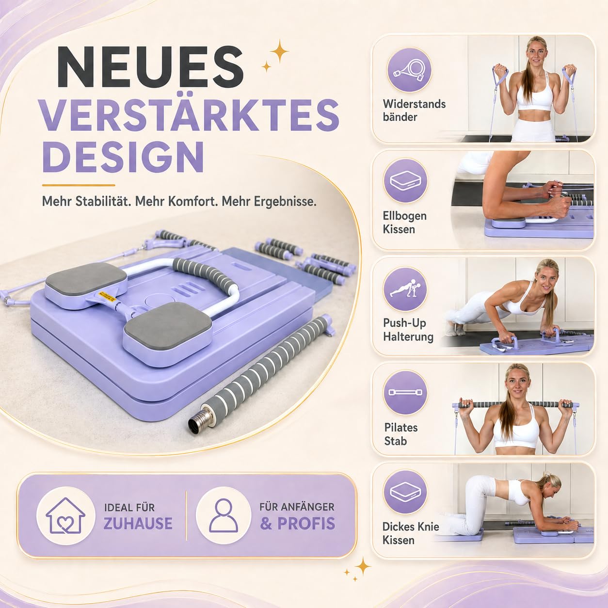 Yosana Pilates Board I Reformer für Zuhause I 8-in-1 Fitness Board faltbar & tragbar I Bauchtrainer inkl. Knie Kissen, Widerstandsbändern & Pilates Bar I verbessertes Design