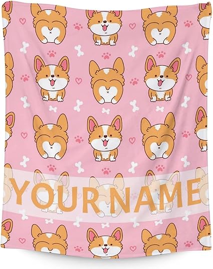 Personalized Corgi Blanket Gifts with Name - 50"x60" Cute Throw for Adults, Kids - Pink Soft Fuzzy Blankets for Bed, Couch & Living Room
