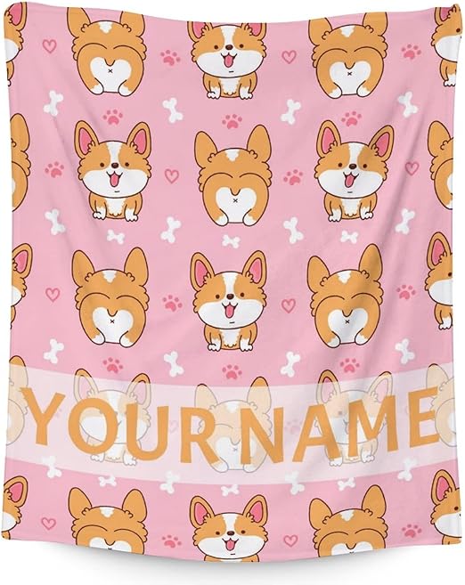 Personalized Corgi Blanket Gifts with Name - 50"x60" Cute Throw for Adults, Kids - Pink Soft Fuzzy Blankets for Bed, Couch & Living Room