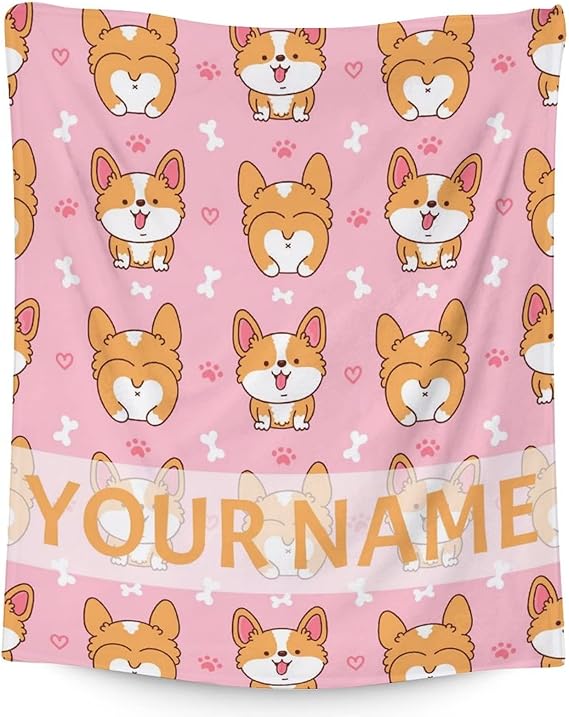 Personalized Corgi Blanket Gifts with Name - 50"x60" Cute Throw for Adults, Kids - Pink Soft Fuzzy Blankets for Bed, Couch & Living Room