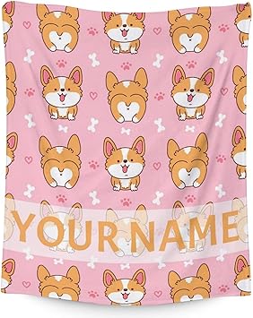 Personalized Corgi Blanket Gifts with Name - 50"x60" Cute Throw for Adults, Kids - Pink Soft Fuzzy Blankets for Bed, Couch & Living Room