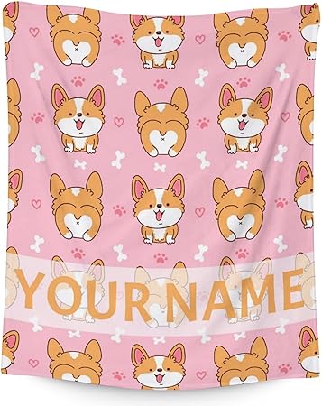 Personalized Corgi Blanket Gifts with Name - 50"x60" Cute Throw for Adults, Kids - Pink Soft Fuzzy Blankets for Bed, Couch & Living Room