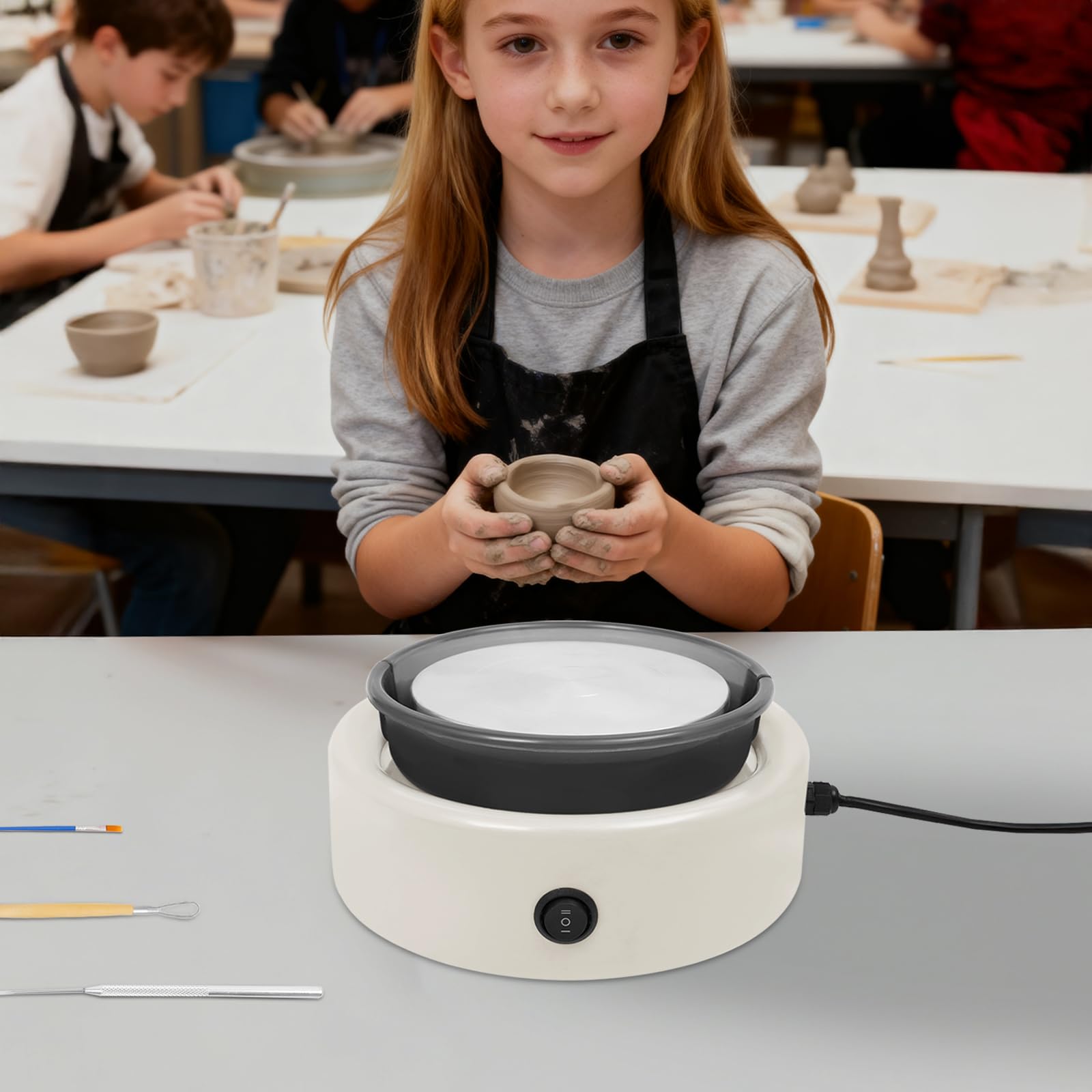 Mini-Töpferscheibe für Kinder und Erwachsene, anfängerfreundlich, Tisch-Töpferscheibe mit Fußpedal, 0–140 U/min, Geschwindigkeitseinstellung für Zuhause, Heimwerker, Töpfereiprojekte (weiß)