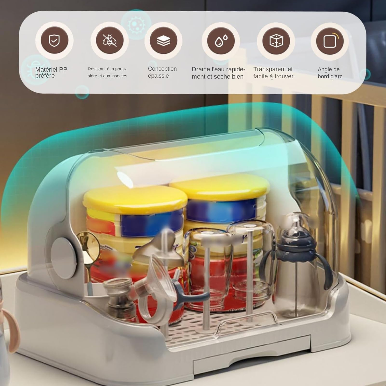 Générique Organisateur De Biberons - Rangement Séchage Boîte Organisatrice pour Biberons - Séchage Anti-Poussière pour Plan de Toilette Cuisine Salle de Bain Multi Usage