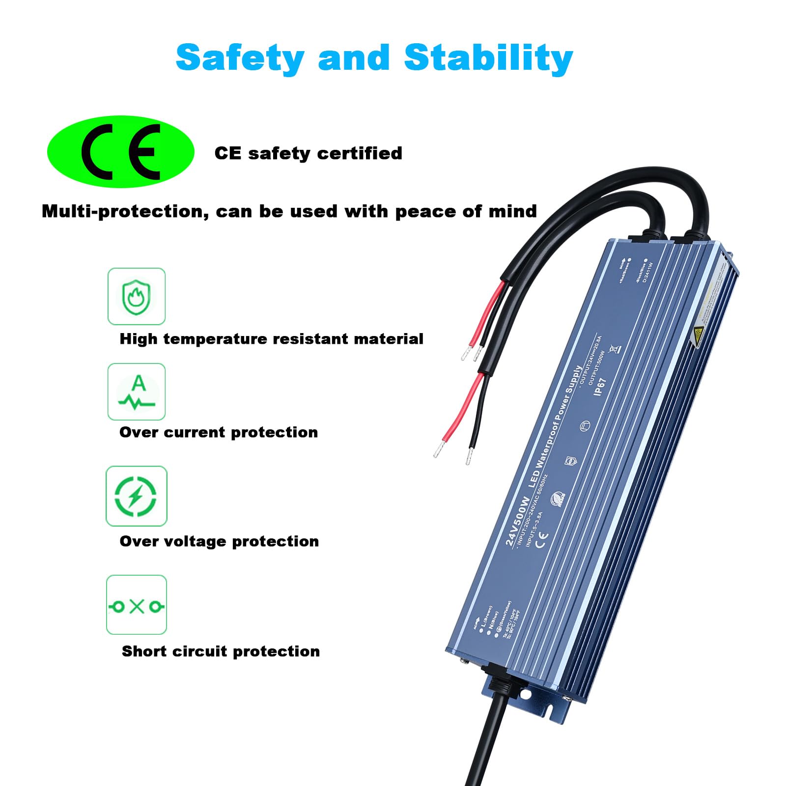 TOPAI Alimentatore 24V 500W CE IP67 Impermeabile, AC 200-240V a DC 24V 20.8A, per Illuminazione Professionale, Strisce LED, Proiettori, Faretto Esterno/Interno