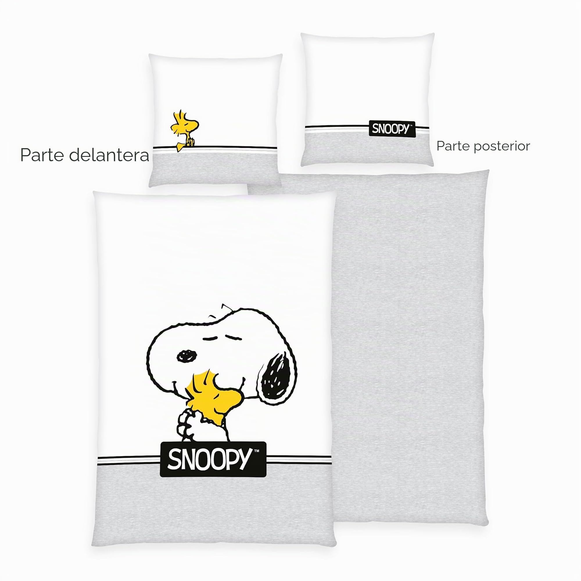 Herding Juego de Cama Peanuts Snoopy con Funda de Almohada Reversible de 80 x 80 cm, Funda nórdica de 135 x 200 cm, con Cremallera, 100% algodón, Color Blanco/Gris