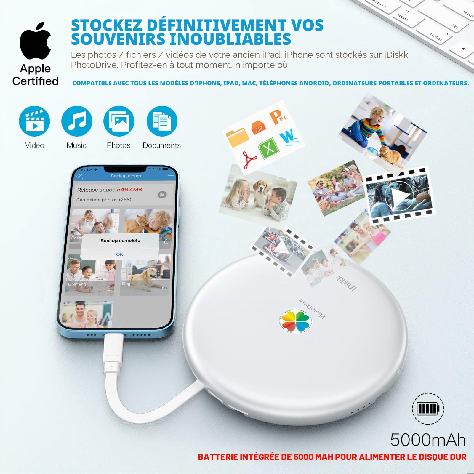 iDiskk Disque Dur Externe 2 to pour iPhone, Disque Dur Lightning certifié MFi avec câbles 3 en 1 intégrés, iPhone HDD Fonctionne avec Le Nouvel iPad Pro, Les téléphones iOS USB-C Mac PC