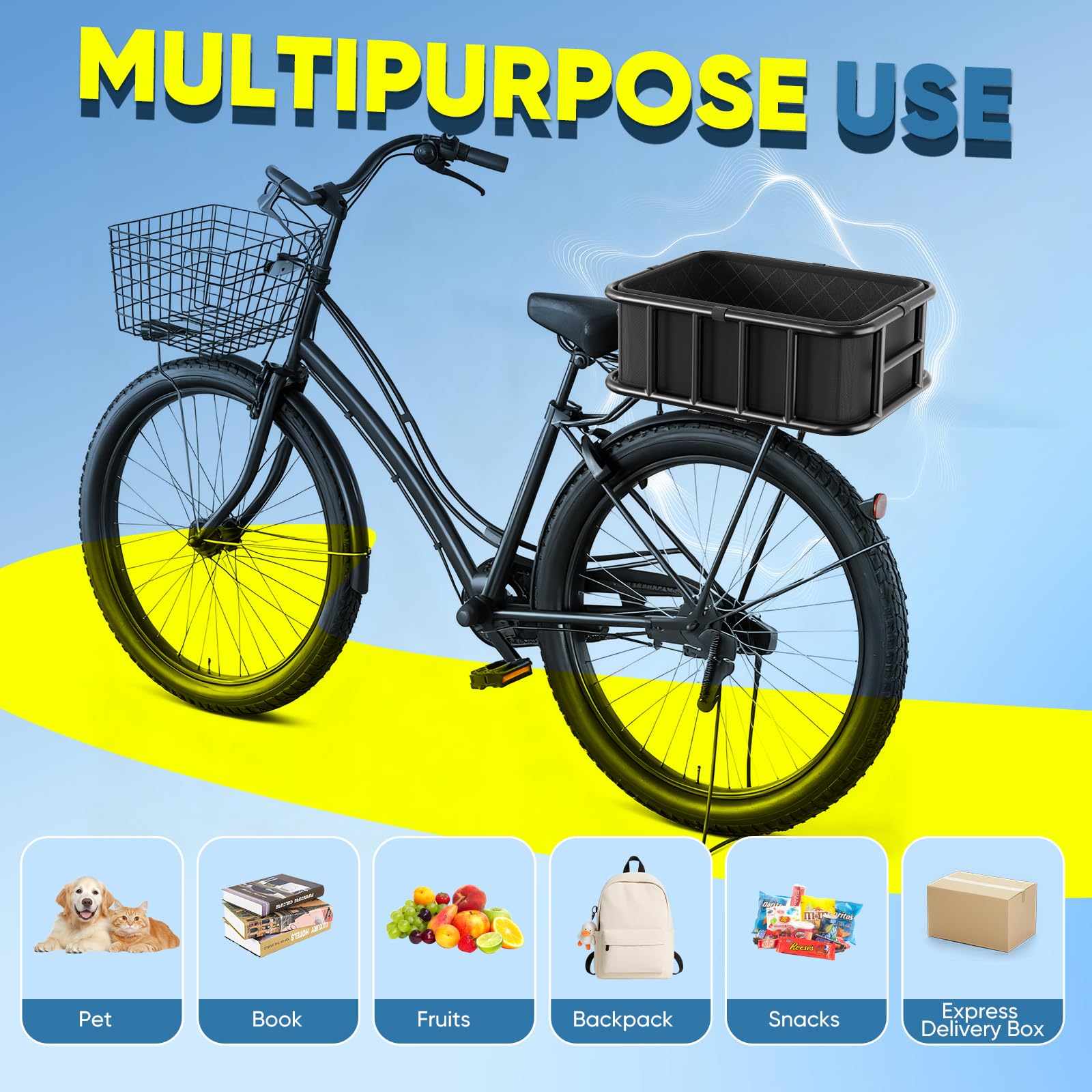 Panier Arrière de Vélo, Charge de 30KG Panier Arrière de Vélo en Métal avec Filet de Chargement et Doublure, Utilisé pour Le Transport de Fruits et Légumes(y Compris Les Outils D'installation)