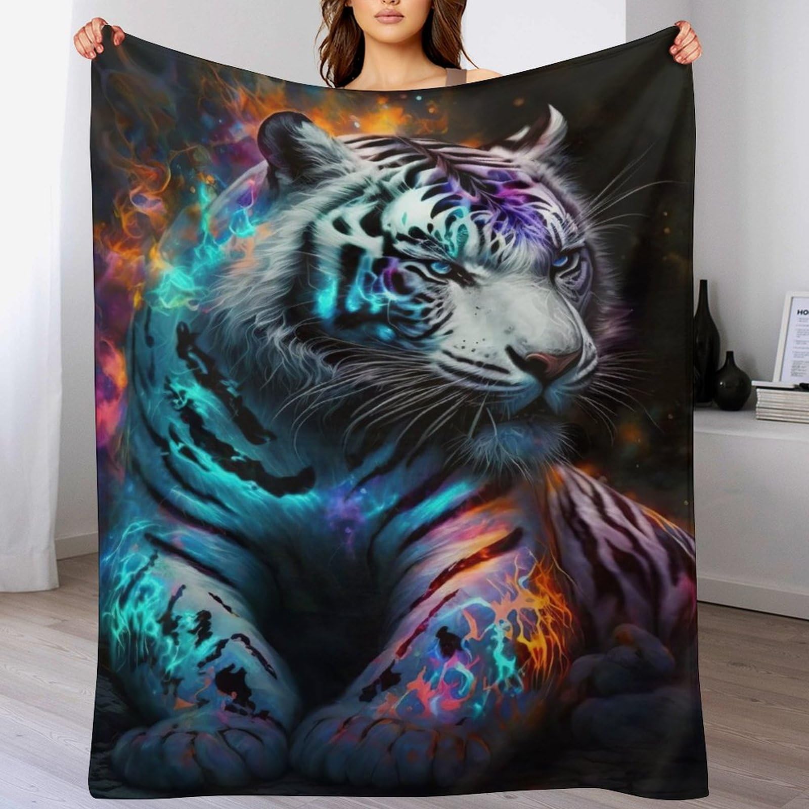 Couverture tigre blanc douce pour cocooning sur canapé et nuits fraîches