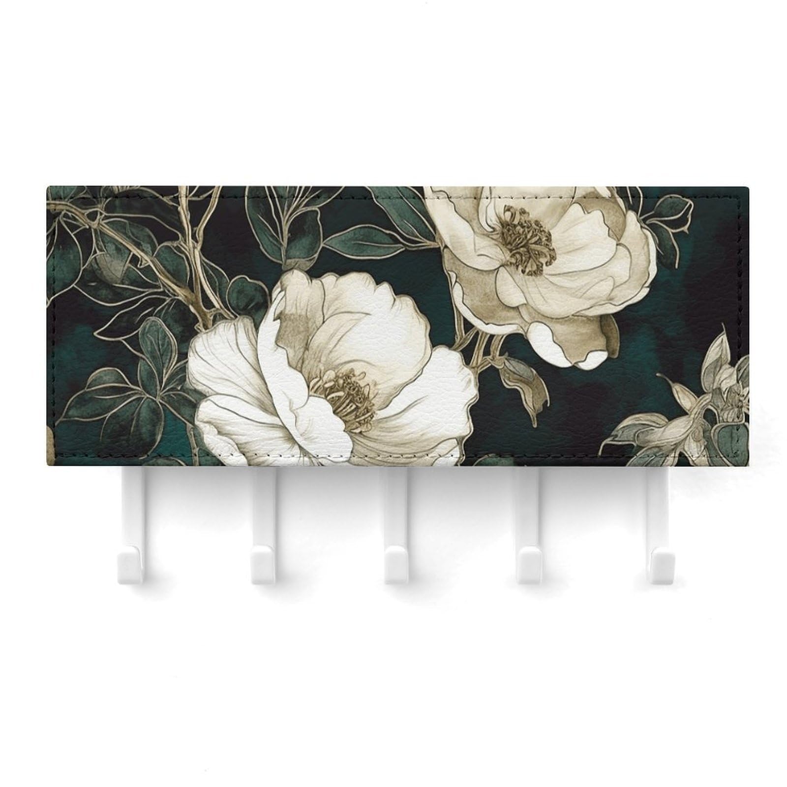 QMNLKH White Flowers Wall Mounted Key Rack for Home, No Drilling Key Holder with 5 Hooks, Self Adhesive Keys Chain Organizer for Hallway, Keys Hanger Shelf for Office, Doorway White