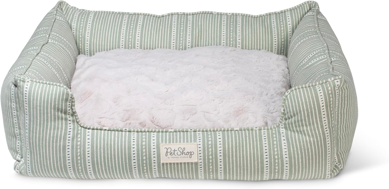 Fringe Studio Ditsy Block Dark Bush 20" W x 19" D x 8" H Small Round Cuddler Cat/Pet Bed 100% Cotton Canvas Exterior w/Faux Fur Interior, Machine Washable, PetShop Collection (203017)