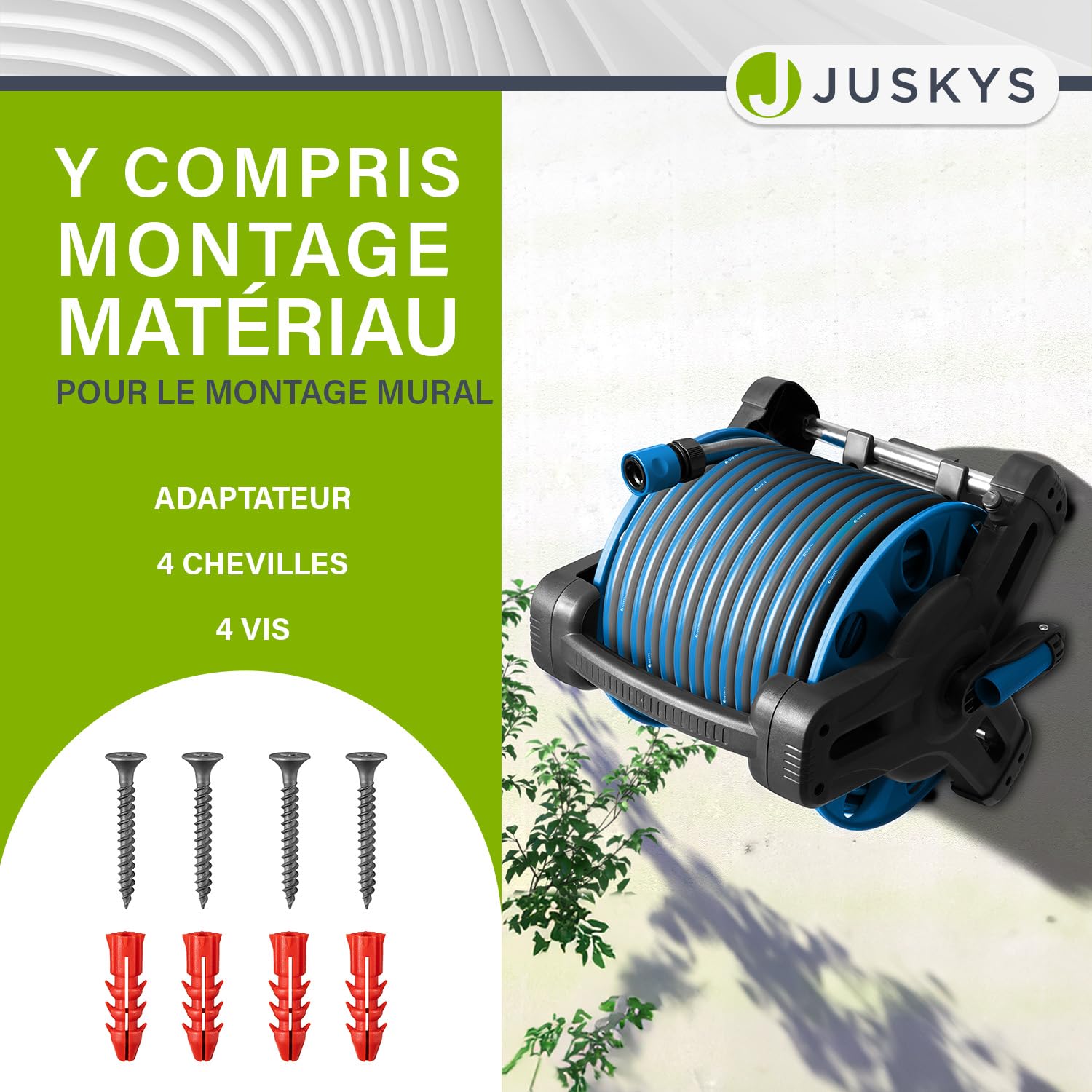 Juskys enrouleur de tuyau avec 30 m + 2 m de tuyau et pommeau multifonction - enrouleur de tuyau mobile avec support mural, buse — bleu gris foncé
