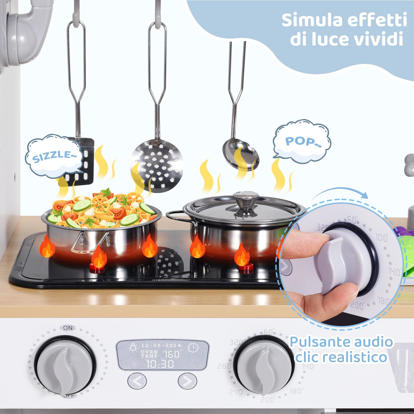 MAMIZO Cucina Bambini Legno, con Pentole e padelle, Telefono, Lavello, Fornelli, Macchina del Ghiaccio, Cucina Giocattolo per Bambini con Luci e Suoni, 79x82x30 cm, Grigio