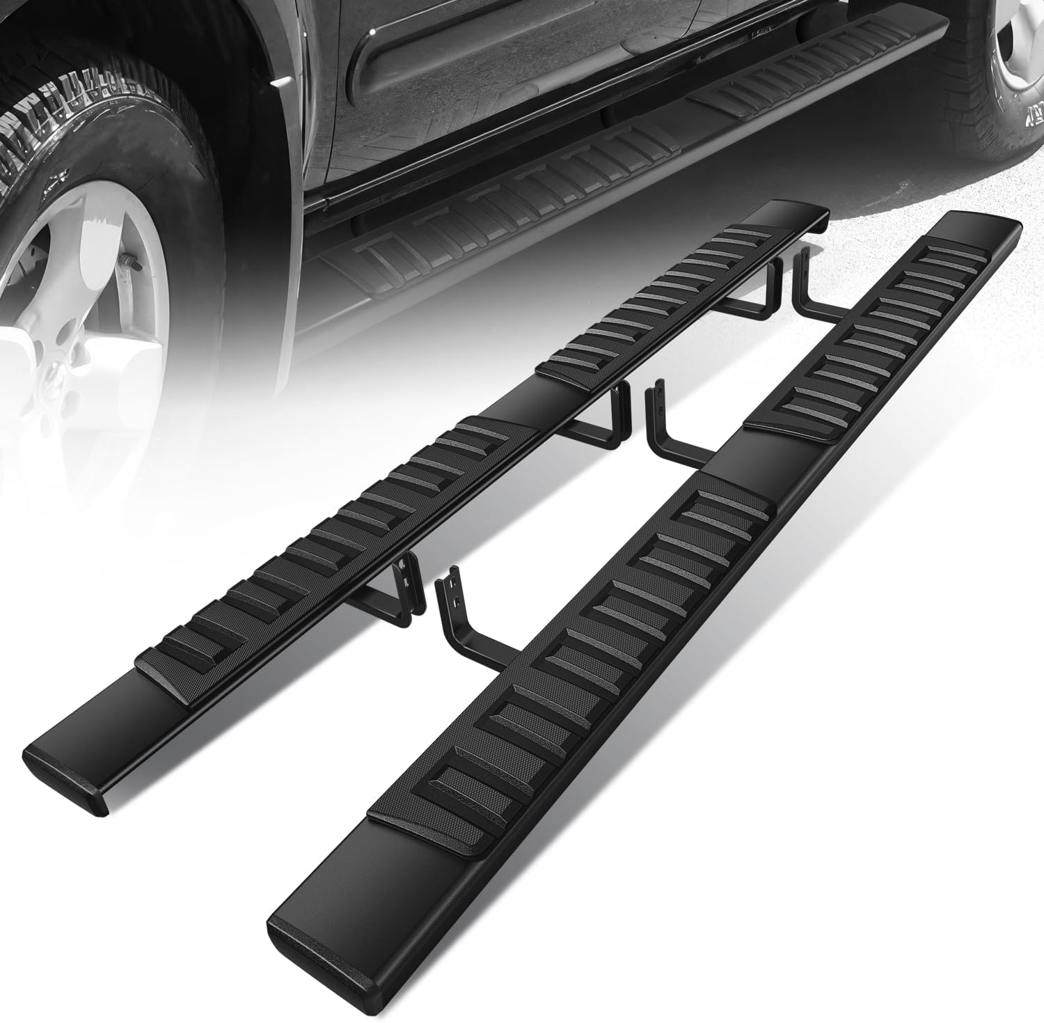 6 in. Black Aluminum Running Boards Side Step Bars Compatible with 05–24 Nissan Frontier Crew Cab, Black Mild Steel, Bolt-On Installation