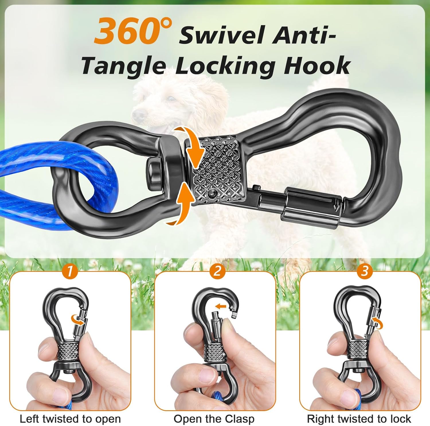 Tresbro 100FT Dog Tie Out Cable with Spring, Shock Absorbing Dogs Chain for Outside, Multiple Heavy Duty Tether Leads for Yard for Medium & Large Dogs Up to 500 LBS