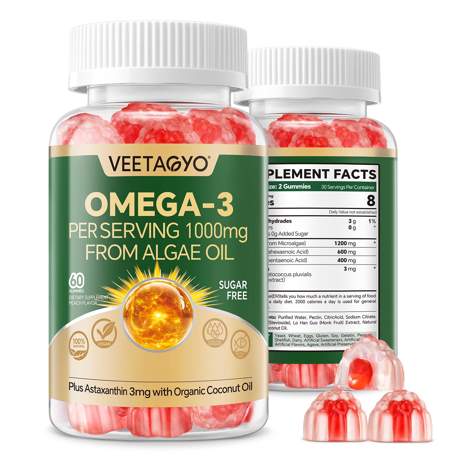 Vegan Omega 3 Gummies 1200mg - Dual Layer - Fish Oil Alternative, Marine Algae Omega 3 Supplement DHA 600mg, EPA 400mg with Astaxanthin,Sugar Free,60