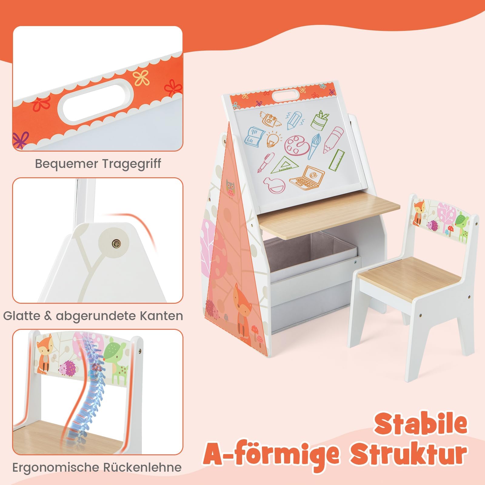 COSTWAY Stół dziecięcy 3 w 1, sztuczna sztaluga i tablica do pisania kredą, zestaw mebli do siedzenia dla dzieci z tablicą magnetyczną i białą tablicą, koszem materiałowym i regałem na książki, regał