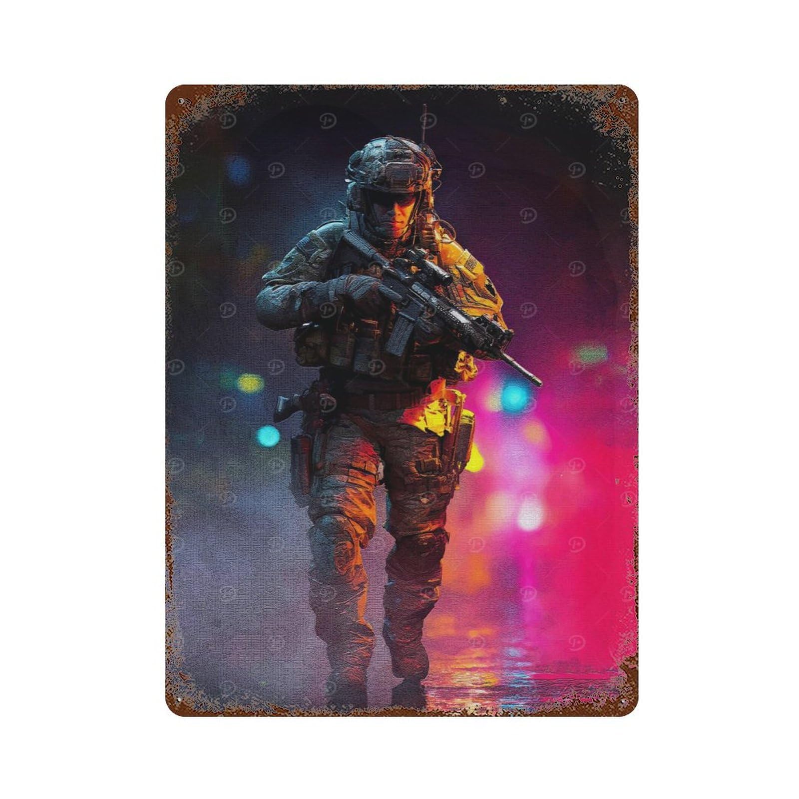 Garage Style Soldier Combat Gear Rifle Aged Metal Wall Plaque 15.7"x11.8", Farmhouse Wall Decor for Bar And Workshop