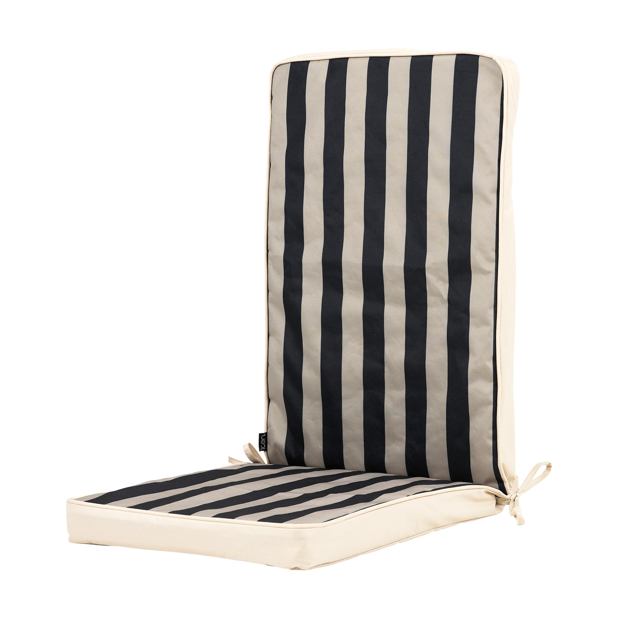 Bean Bag Bazaar Outdoor High Back Seat Pad, Black and Khaki Stripe, Garden Chair Seat Cushion with Fibre Fill Included, Water Resistant, Cushions with ties for Chair, Garden, Patio Furniture