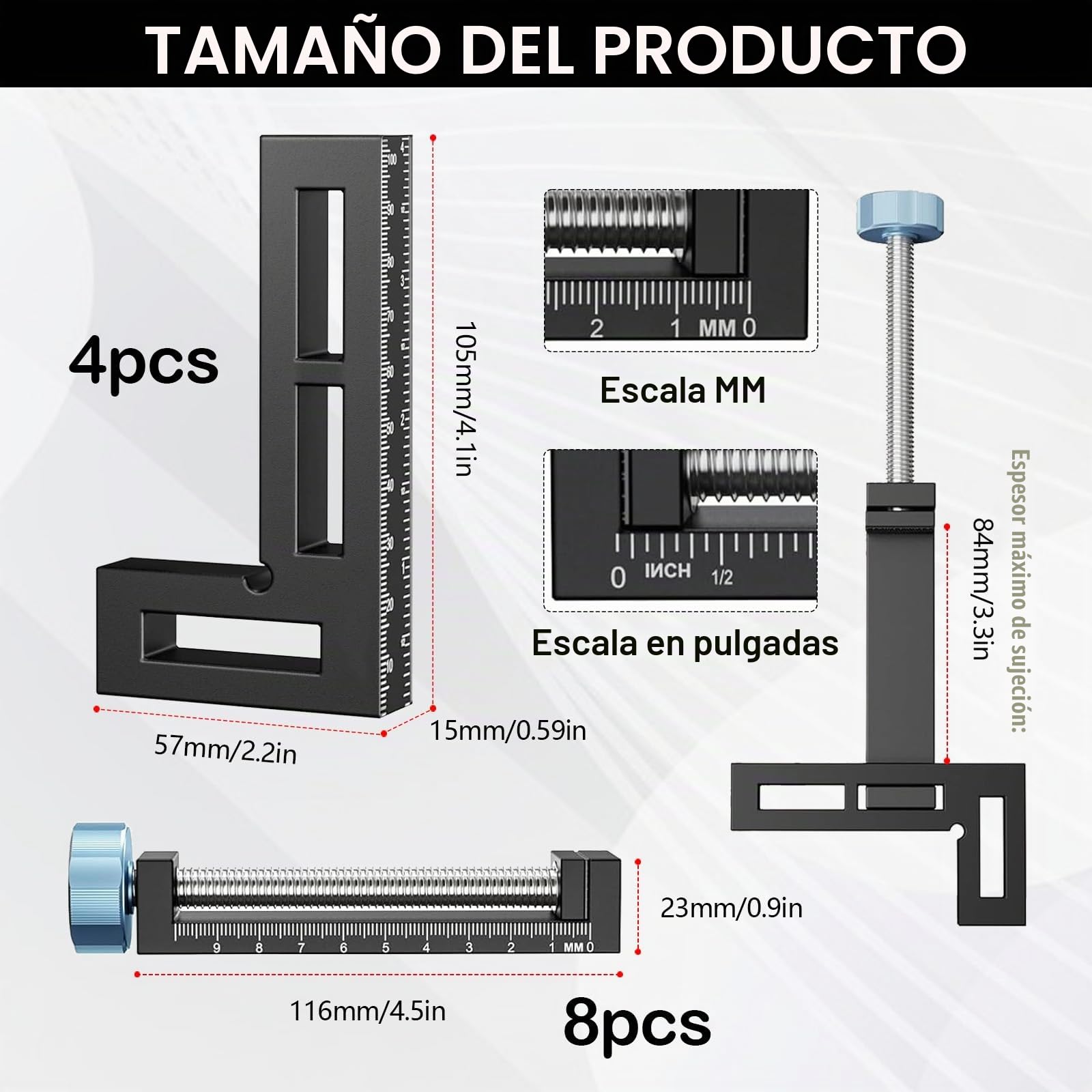 Escuadra de Posicionamiento 90°, Juego de 4 Piezas Fabricada en Aleación de Aluminio Sargentos de Apriete con 8 Ajustadores de ángulo Herramientas para Carpintería Bricolaje y Manualidades