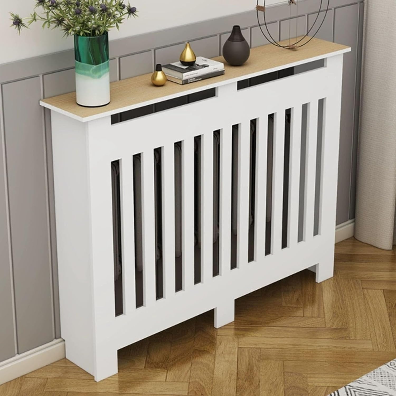 Radiator Cover Wood Cabinet, 4-Sided Ventilation Heating Cabinet Shelf, Steam Heater Covers for Radiators, Vertical Slatted Grill Cabinets Shelf(24x24x8in/60x60x20cm)