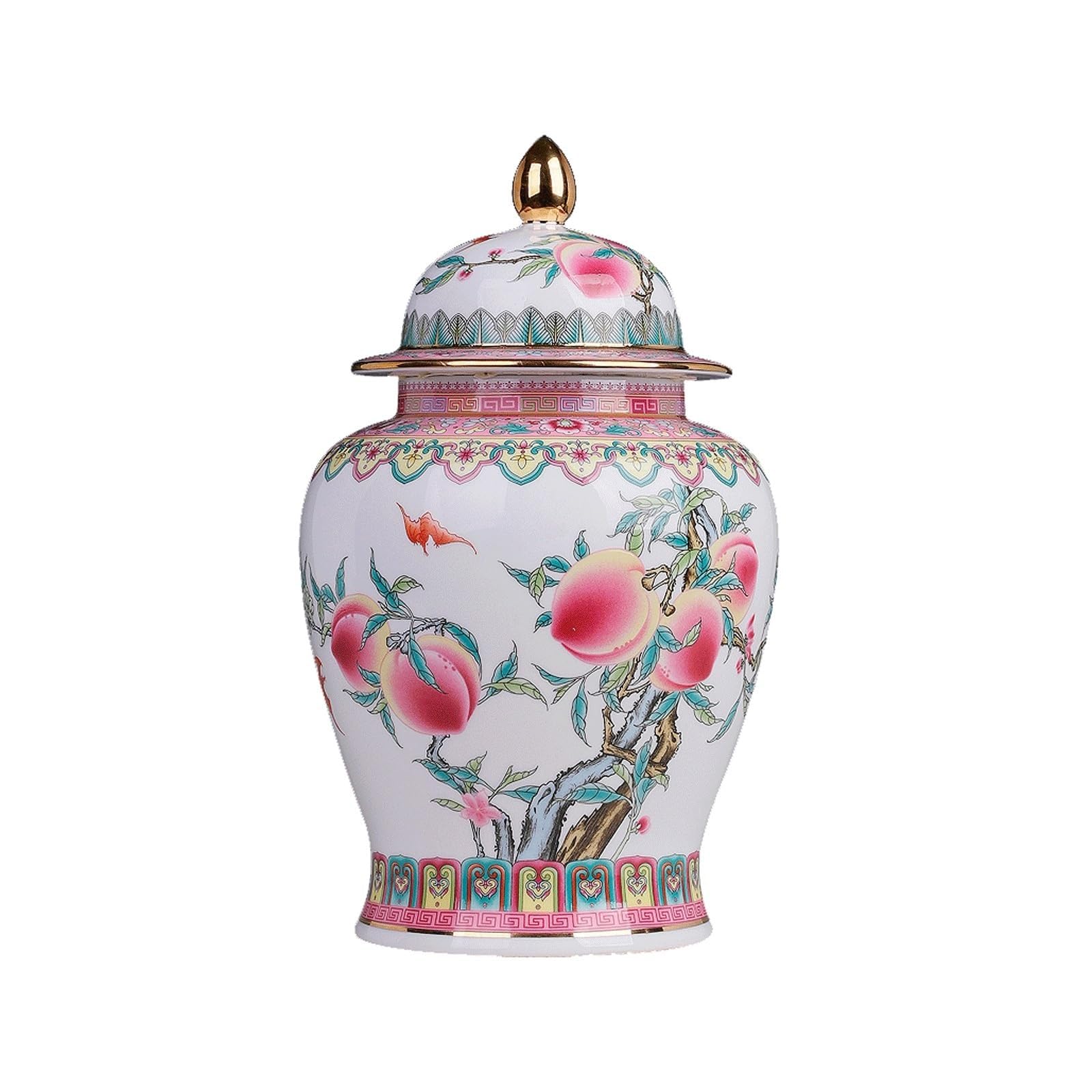 Ceramic Ginger Jar with Lid Jingdezhen Chinoiserie Vase Peach Porcelain Ginger Jars White Temple Jar Home Decor Storage Jar Flower Vase(7.1x12.2inch)