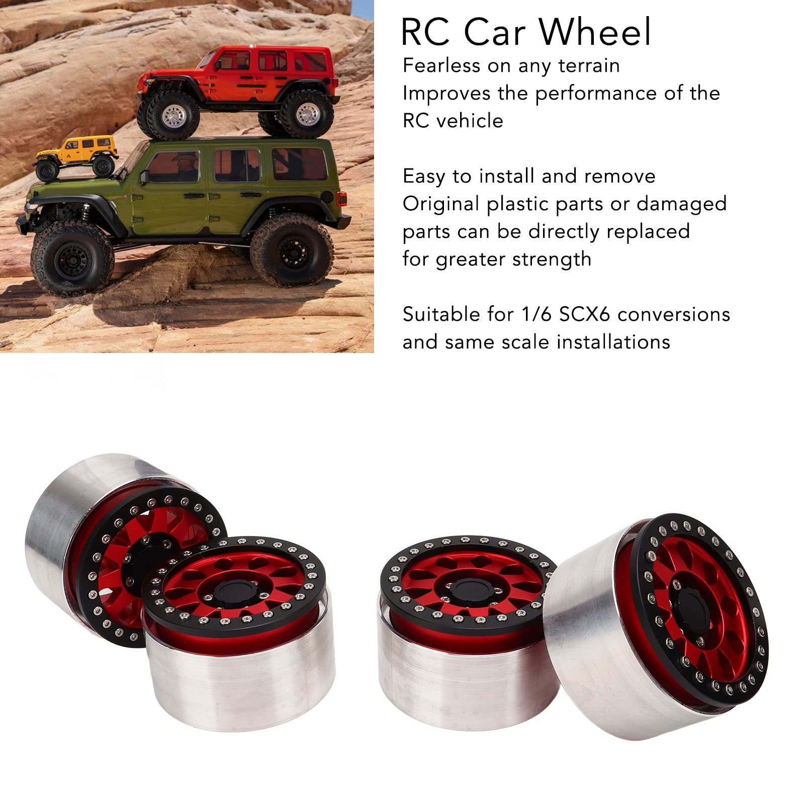 Jantes de roue pour voiture RC, lot de 4 pièces : jantes de rechange en alliage d’aluminium pour voitures RC SCX6 1/6, jantes légères et durables de 2,9 pouces offrant un excellent (Rouge)