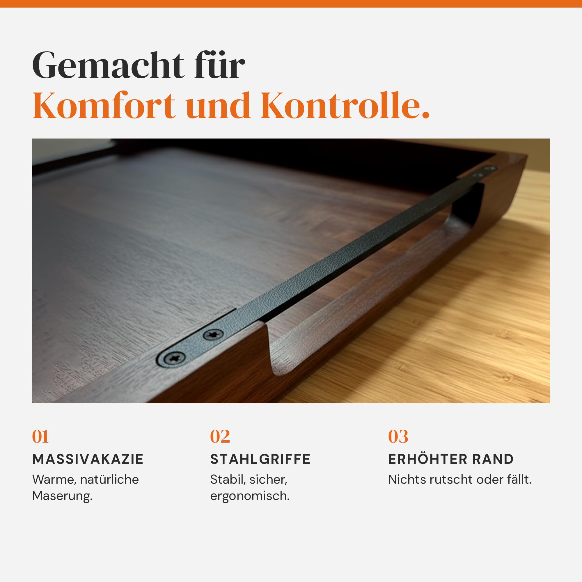 Serviertablett Holz mit Griffen – Akazien-Holztablett, groß 48x38 cm