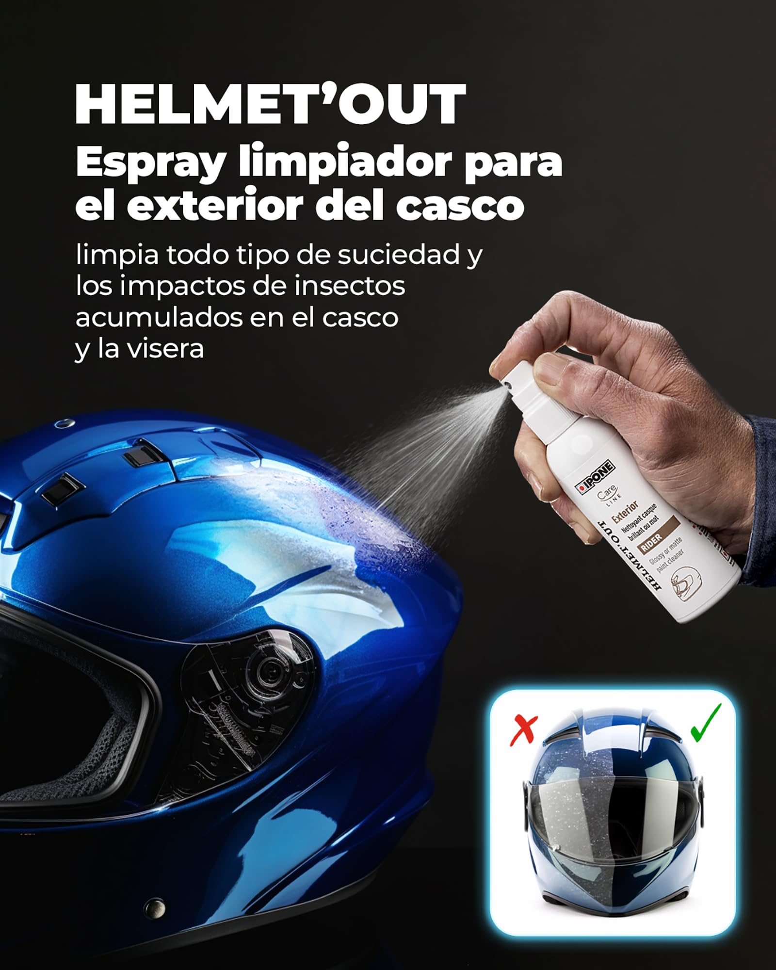 IPONE - Pack Mantenimiento Casco Moto - 1 Limpiador Casco Exterior + 1 Limpiador Casco Interior + 1 Anti-Lluvia + 1 toallita de Microfibra