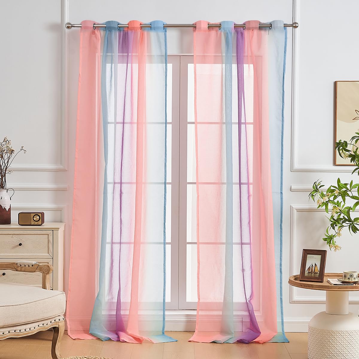 NETMEO Juego de 2 Cortinas para Dormitorio Infantil, Cortinas para habitación de niñas, Cortinas translúcidas Que filtran la luz, Cortinas de Tul Degradado (Rosa Azul Púrpura, L132 × A213cm ×2P)