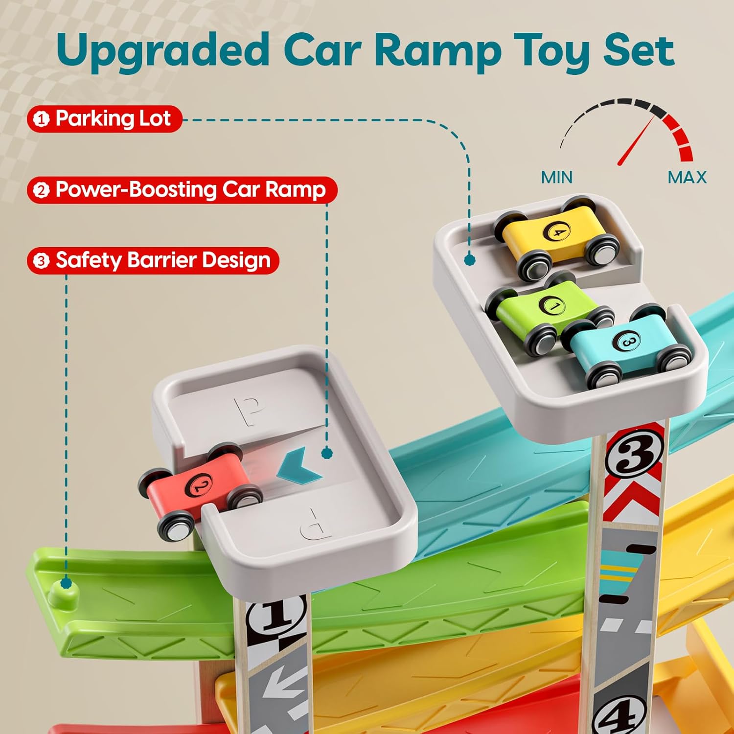 TOP BRIGHT Car Ramp Toys, Race Track Car Toy for Toddler Age 2-4 Year Old Boy with 4 Cars, Parking Lot & Gas Station, Toddler Montessori Toys and Birthday for Boys and Girls