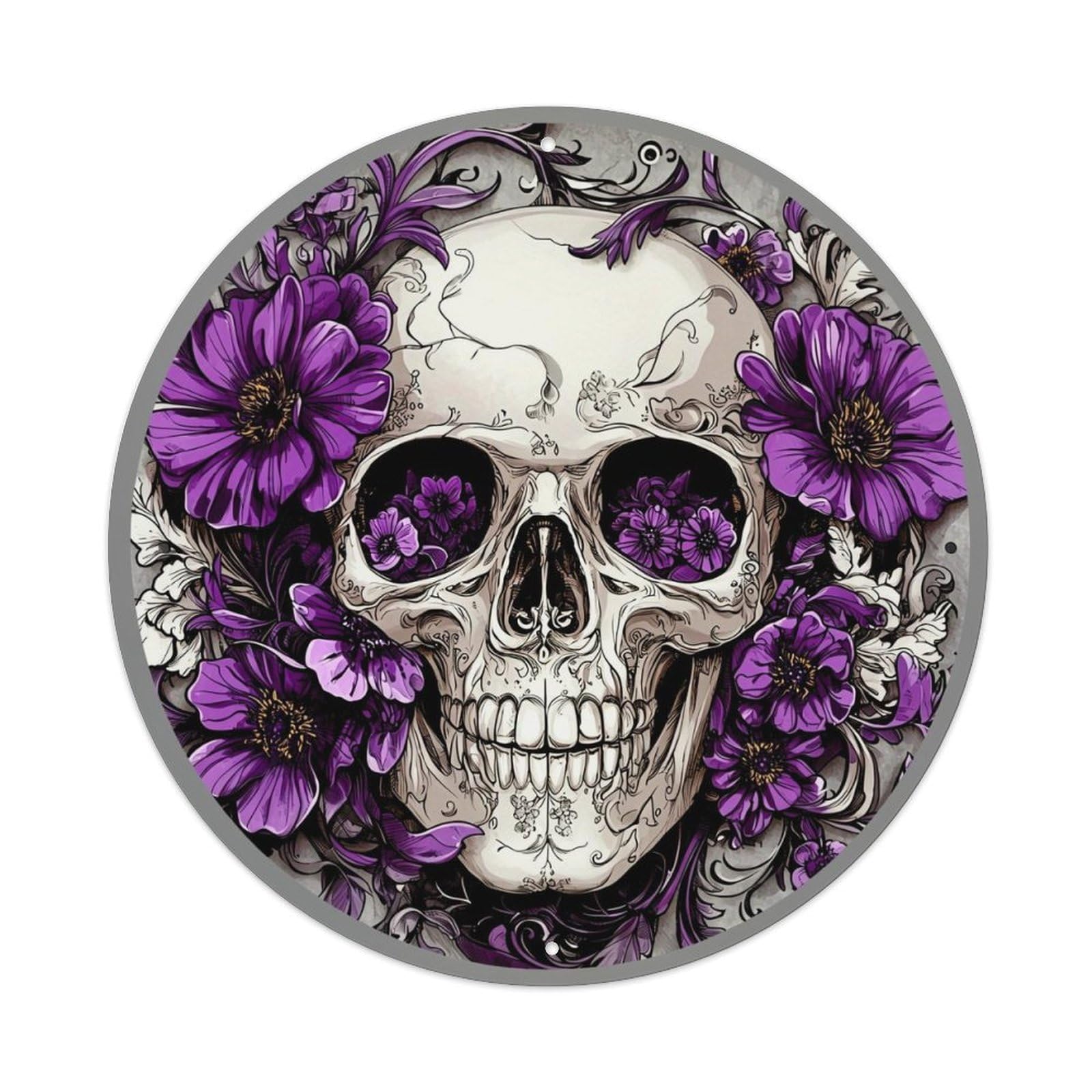 Skull With Purple Floral Pattern Retro Metal Tin Sign, Vintage Metal Poster for home, Gaming Room, Studio Workshop,Bar,Garage Wall Art Decor 8x8 inch