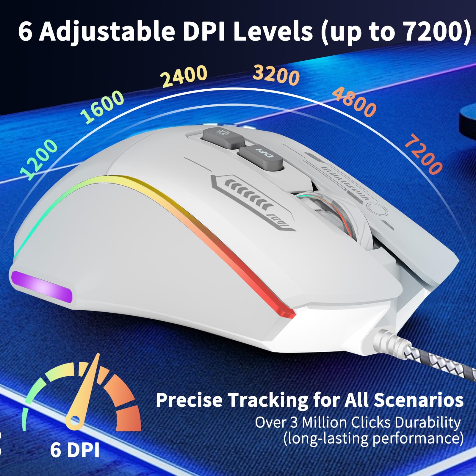 Mysz do gier, przewodowa mysz do gier z podświetleniem RGB, regulowana 7200 DPI, mysz do gier komputerowych z 7 ruchomymi przyciskami makro, ergonomiczna mysz dla graczy na PC, komputer