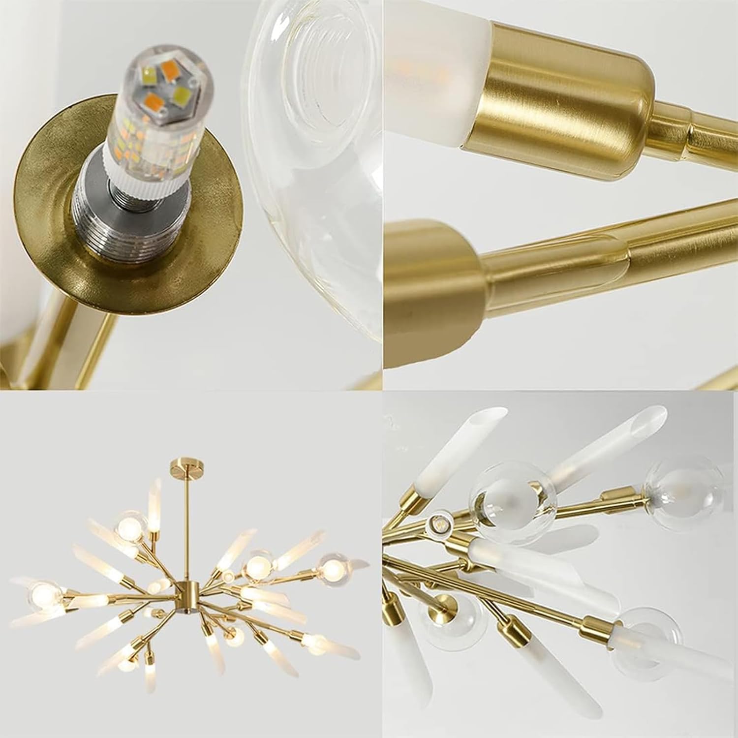 24-Light Modern Glass Globes Chandelier Gold Sputnik Chandeliers Flush Mount Ceiling Light Fixture Spliceable Hanging Pendant Rod Light for Living Room Bedroom Kitchen Island