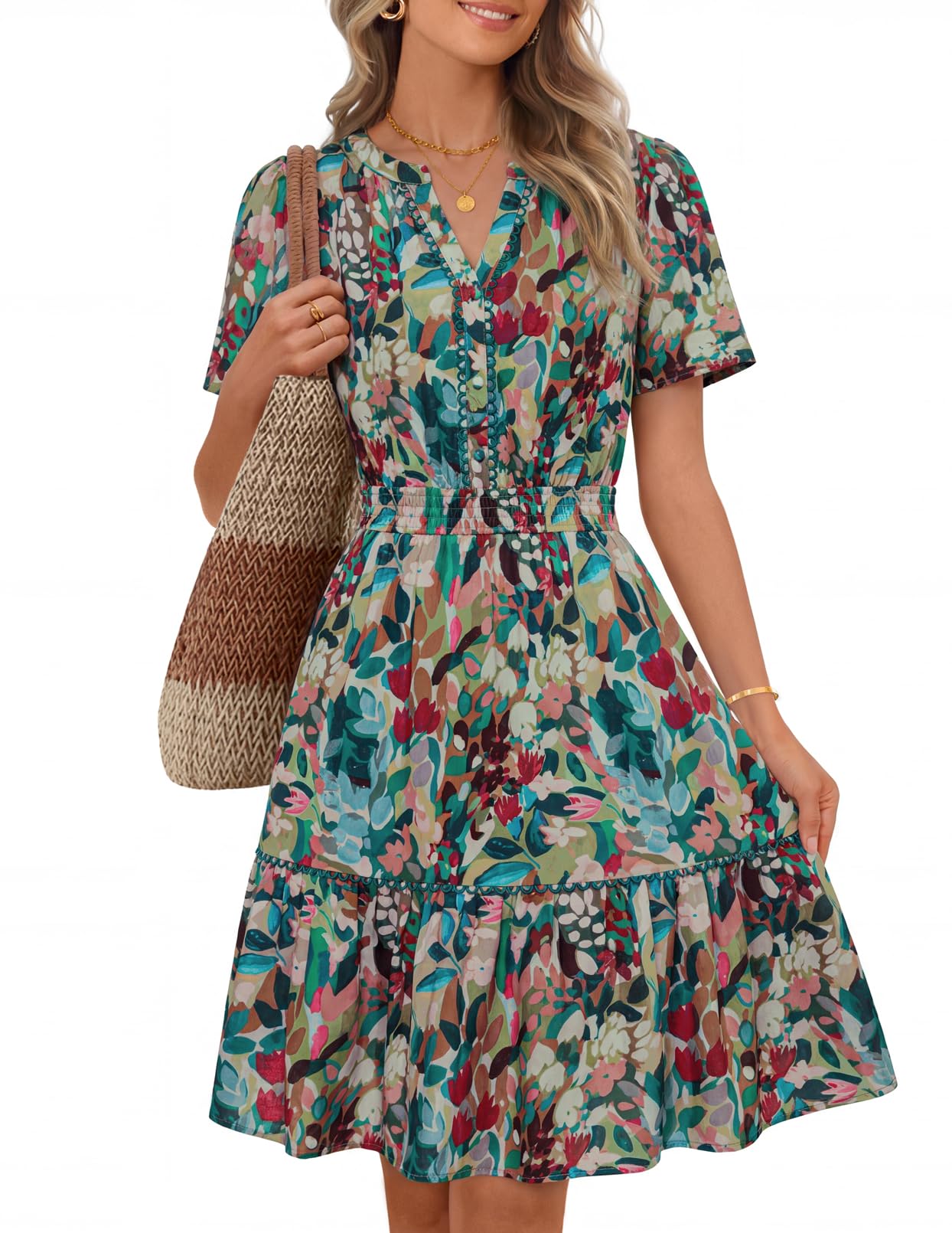 MEROKEETY Women's 2026 Spring Summer Floral Dress V Neck Short Sleeve Button A Line Boho Beach Flowy Vacation Dresses, Green, Small