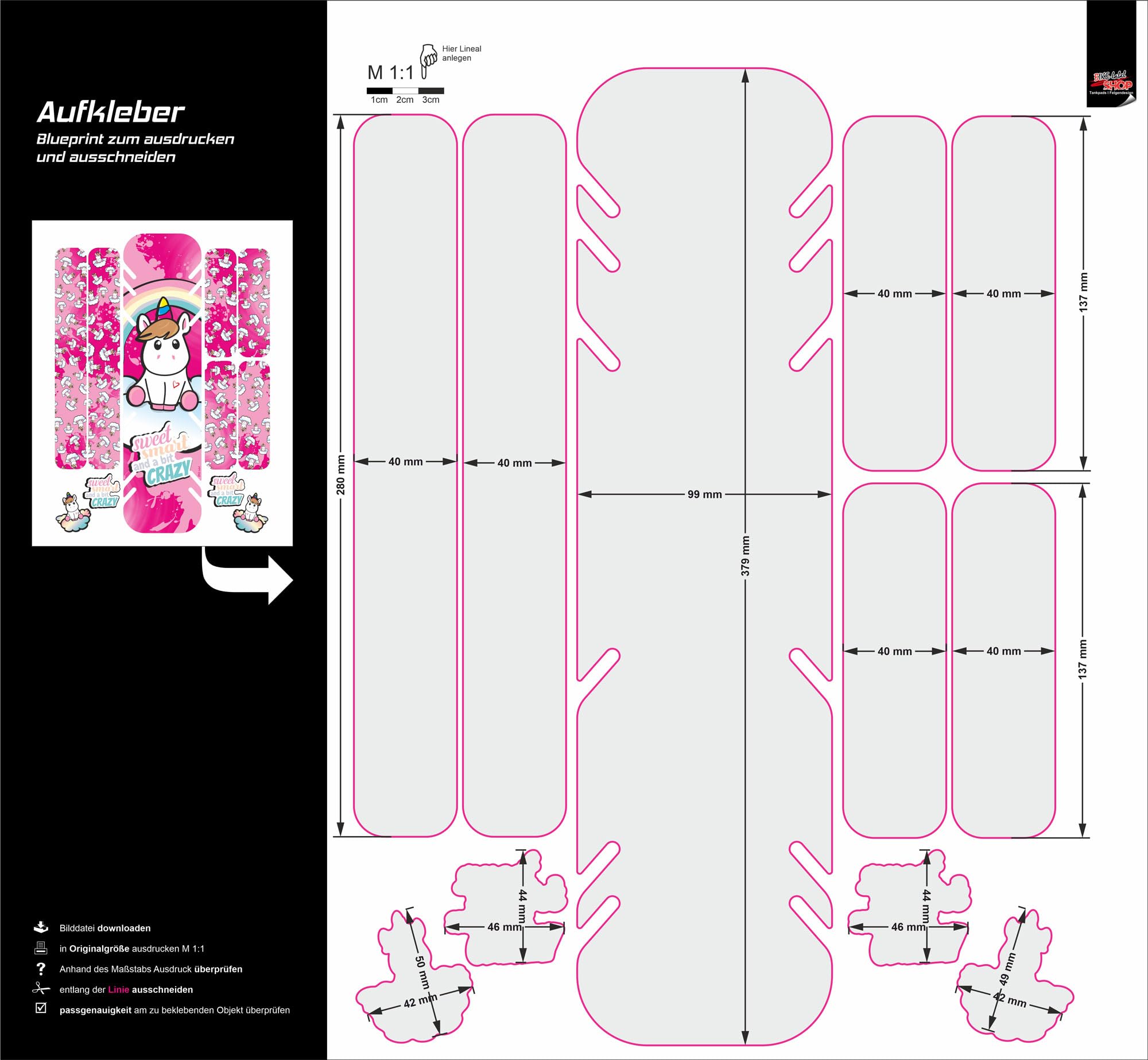 BIKE-label X400136VA Lot d'autocollants pour vélo électrique Motif licorne Rose Taille XL